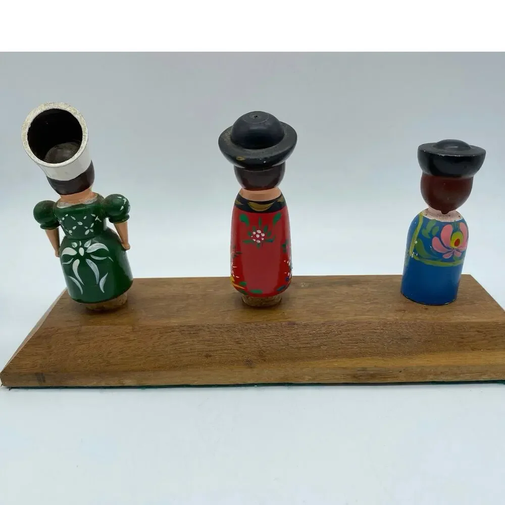 Vintage Hungarian‎ Hand Painted Folk Art Dolls Bottle Stoppers 3 with wood stand